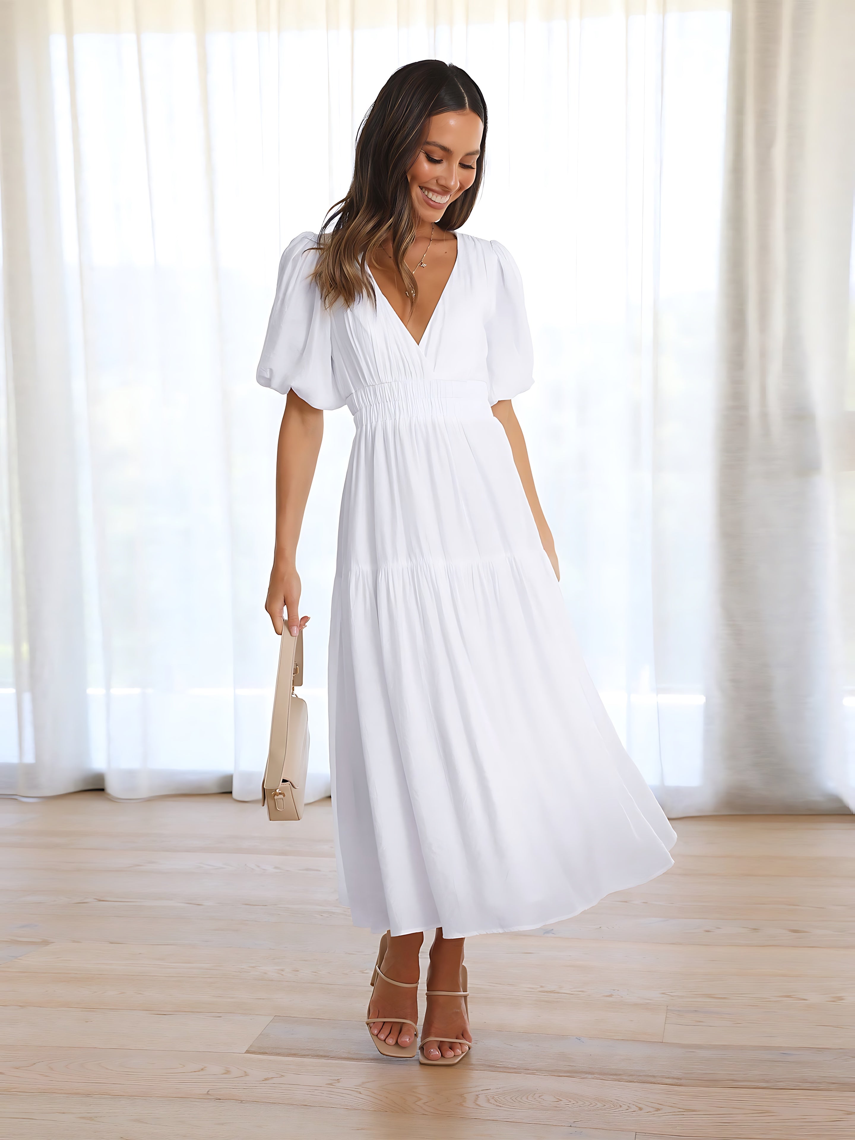 Zoe – V Neck Puff Sleeve Smocked Waist Midi Dress