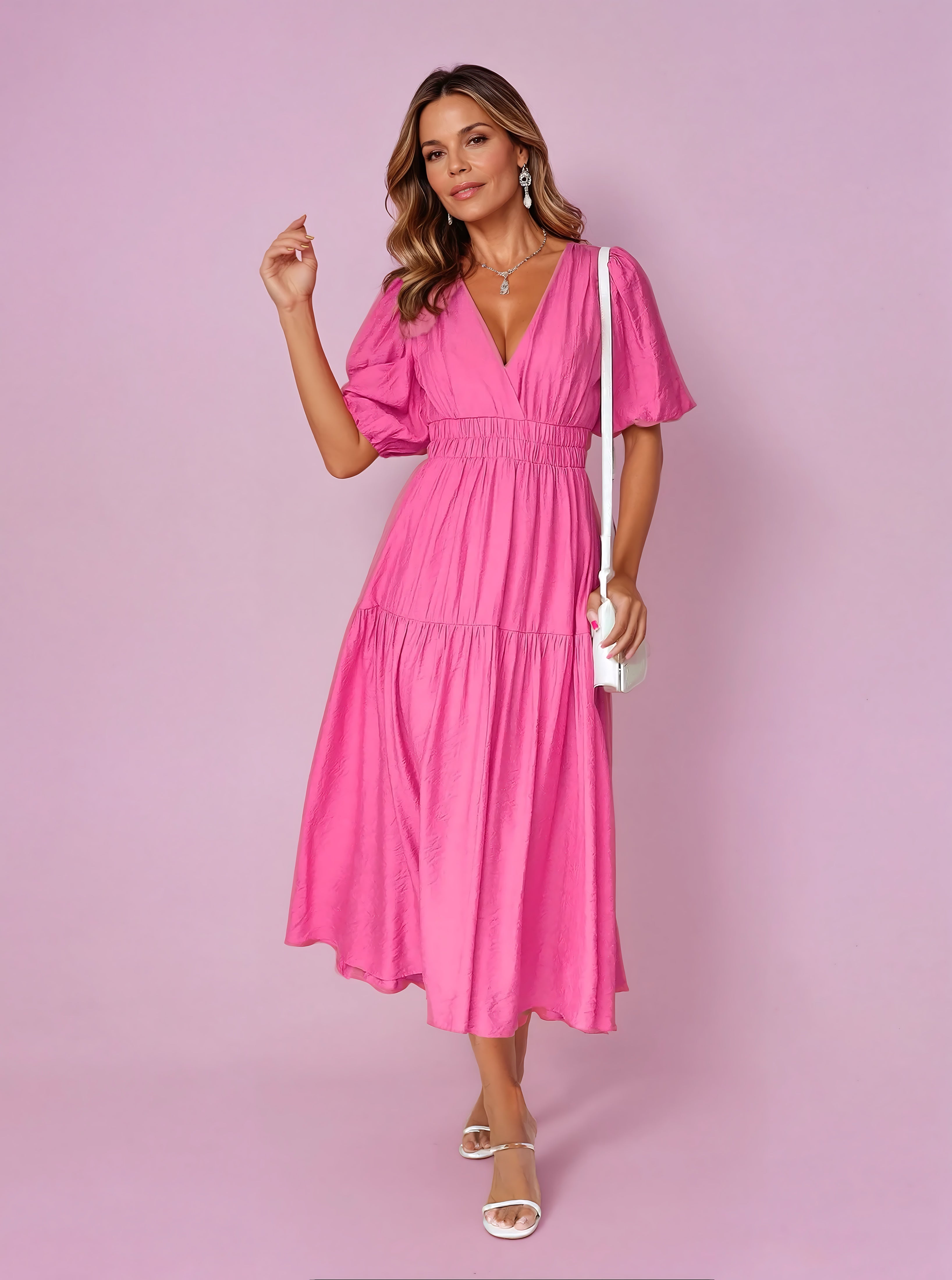 Zoe – V Neck Puff Sleeve Smocked Waist Midi Dress