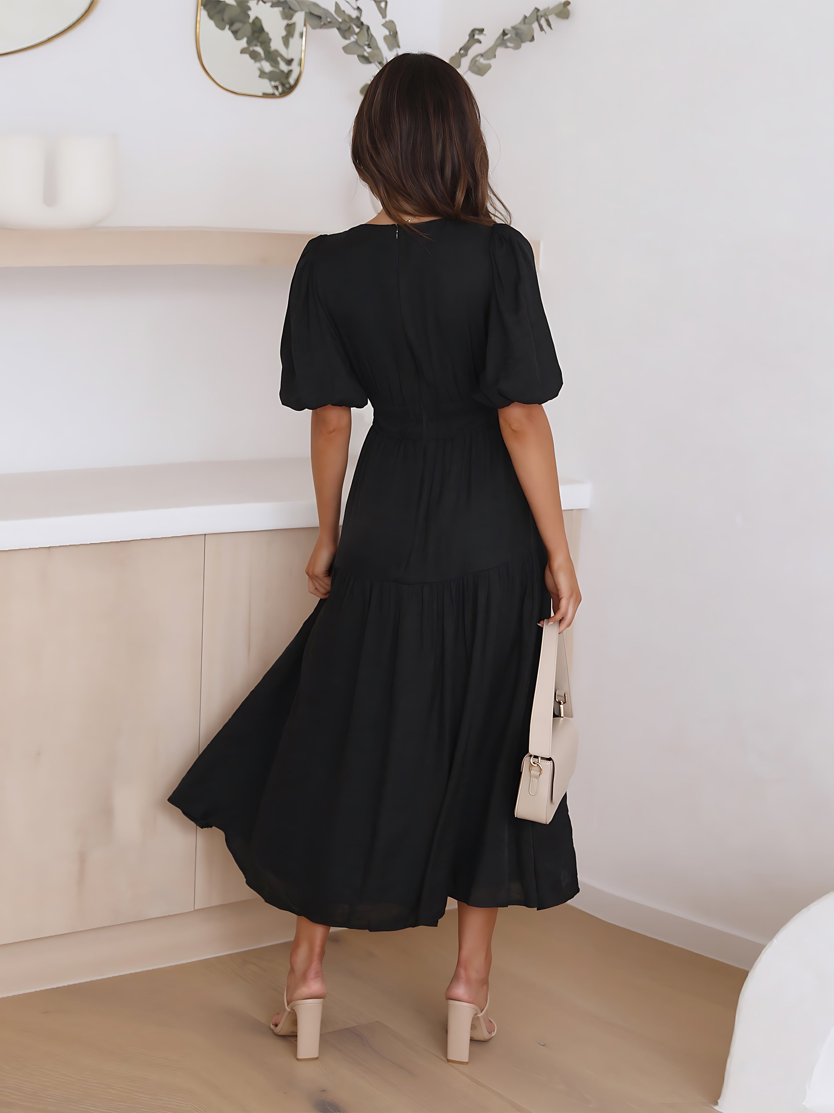 Zoe – V Neck Puff Sleeve Smocked Waist Midi Dress